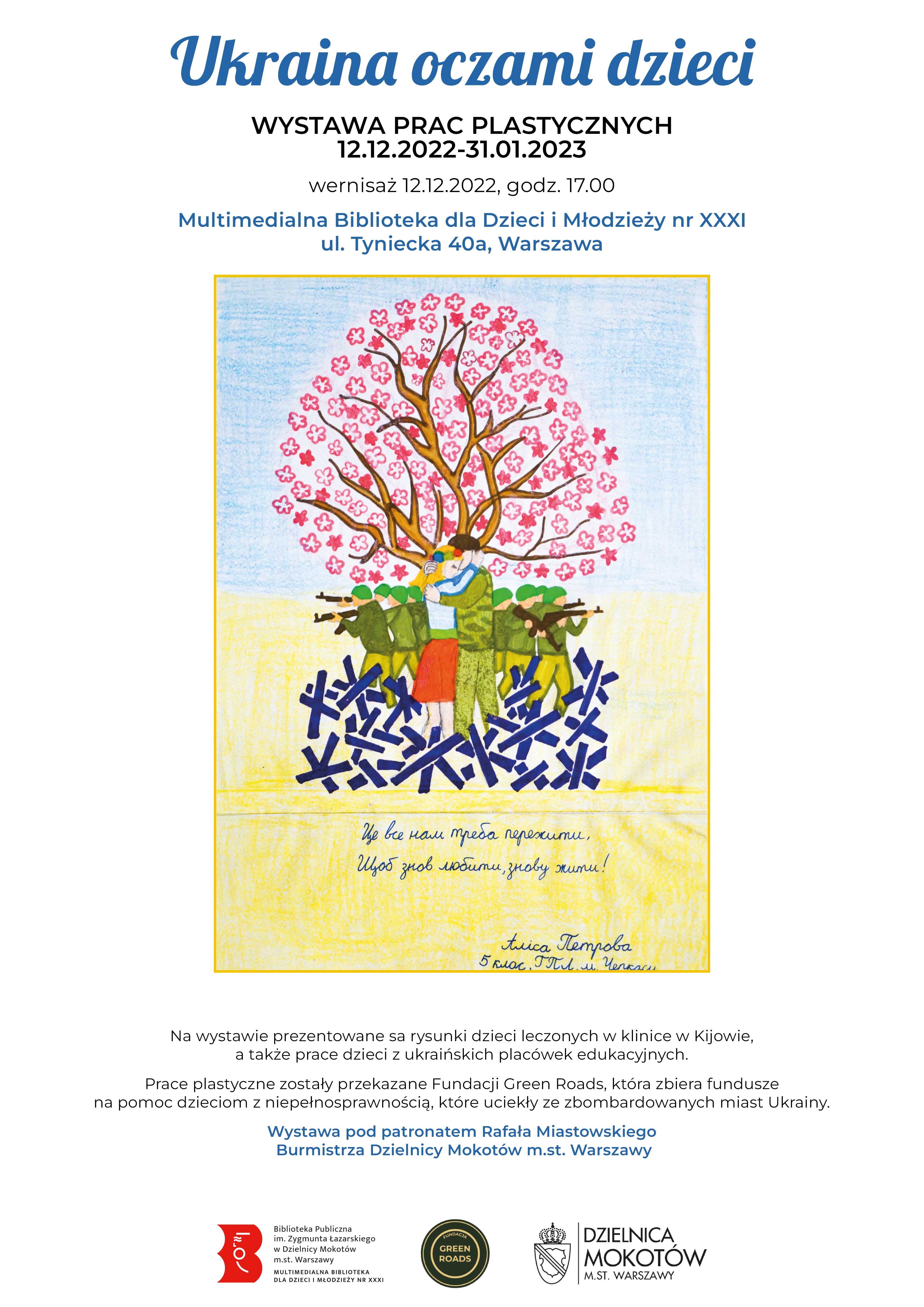 Plakat informujący o wystawie. Rysunek drzewa, pod którym stoją kobieta i mężczyzna