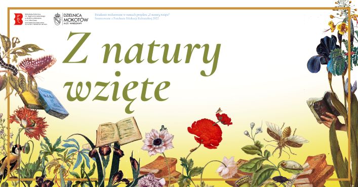 Grafika. Łąka kwietna stylizowana na starą rycinę. Powyżej tekst: Z natury wzięte